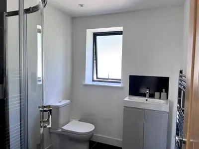 a bathroom with a toilet and a sink and a window at Tranquil Countryside Escape in Moffat