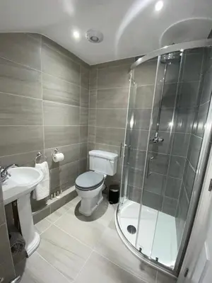 a bathroom with a toilet and a shower and a sink at 26 Challoner Street, Cockermouth, CA13 9QS in Cockermouth
