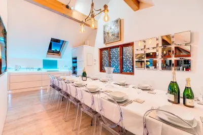 a large dining room with a long table and chairs at Luxury Lodge 18 by Ashgrove Leisure in Moffat