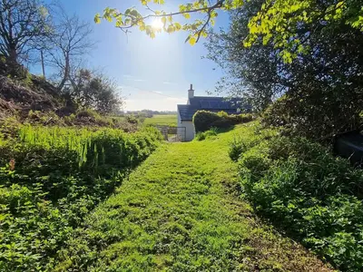 a path through a field with a house in the background at Bankswood Cottage in Ruthwell