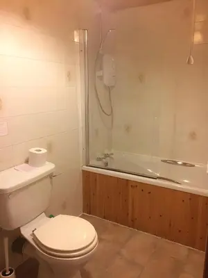 a bathroom with a toilet and a shower at Pond Cottage in Covington