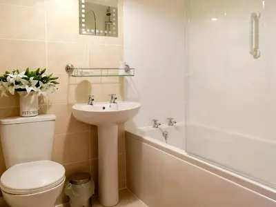 a bathroom with a toilet and a sink and a shower at Harriet's Hideaway in Braithwaite