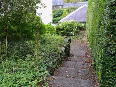 a path in a garden with a hedge at Dye Mill Cottage in Moffat