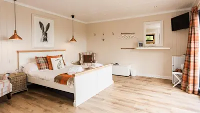 a bedroom with a bed and a television in it at Sea View Snugs at Laggan in Gatehouse of Fleet
