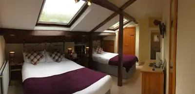 a bedroom with two beds and a skylight at Old Water View in Patterdale