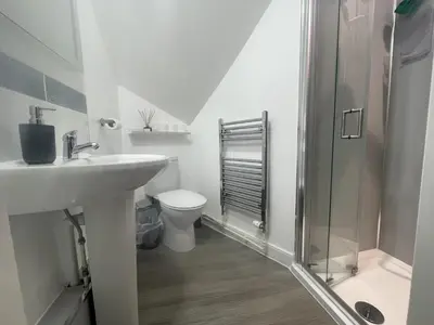 a bathroom with a toilet and a sink and a shower at Moffat Independent Hostel in Moffat