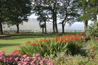 a garden with flowers and trees and mountains in the background at Howe End in Mungrisdale