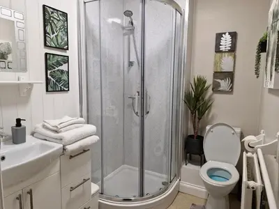 a bathroom with a shower with a toilet and a sink at Warwick Lodge in Carlisle
