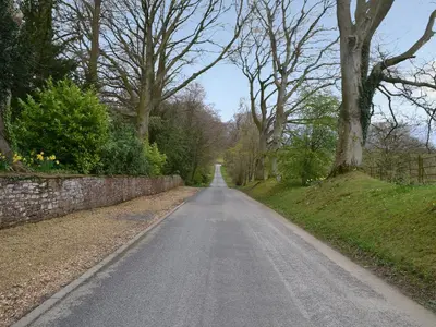 an empty road with trees and a stone wall at Blaithwaite Stables in Blencogo