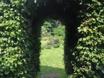 an arch in a hedge with a garden in the background at Trigony Hotel and Garden Spa in Closeburn