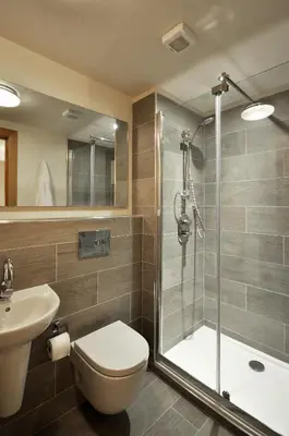 a bathroom with a shower and a toilet and a sink at The Barn at Ballaloaghtan in Ballasalla