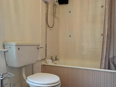 a bathroom with a toilet and a shower and a tub at Fairholme in Braithwaite