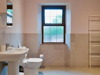 a bathroom with a toilet and a sink and a window at Perch Hall Cottage in Dinwoodie Mains