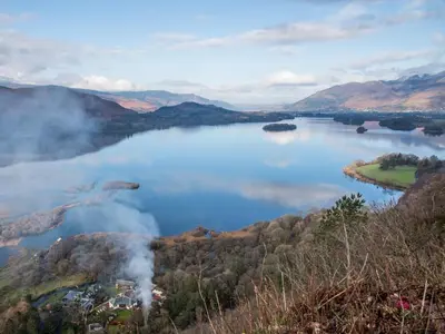 an aerial view of a lake in the mountains at Lund Cottage Was Gabriel's Cottage in Keswick