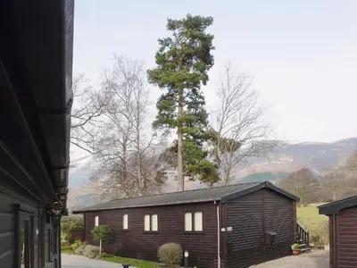 a wooden cabin with a tree in the background at Acorn Lodge - Burnside Park in Keswick