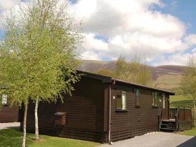 a log cabin with a tree in front of it at Whinny Brow - Burnside Park in Keswick