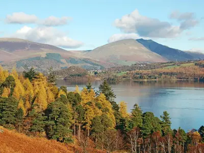 a view of a lake with trees and mountains at The Old Laundry 1 in Keswick
