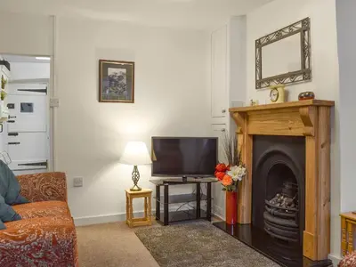 a living room with a fireplace and a television at Laal Yan in Keswick