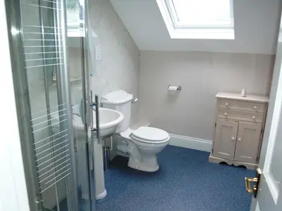 a bathroom with a toilet and a sink and a shower at York House in Keswick