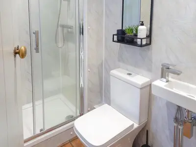 a bathroom with a shower and a toilet and a sink at 1 Tower Cottage in Portinscale