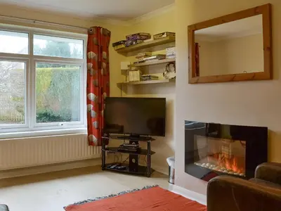a living room with a fireplace and a television at La'al Gem in Keswick