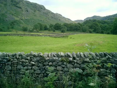a stone wall in a field with mountains in the background at Brasscam in Rosthwaite