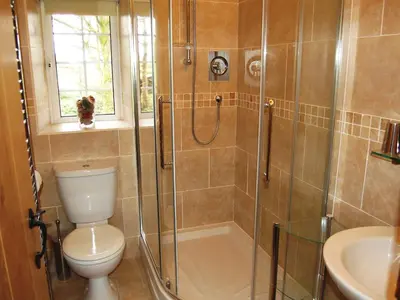 a bathroom with a shower and a toilet and a sink at Nuthatch Cottage in Westward