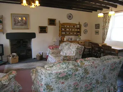 a living room with a couch and a fireplace at 3 Townhead Cottages in Grasmere