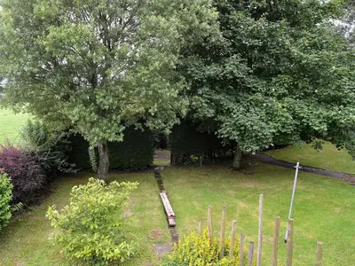 a garden with a bench under two trees at Grooms Cottage in Plumbland