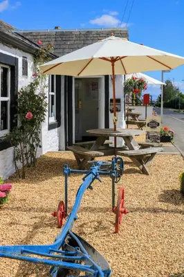 a blue bike parked under an umbrella next to a picnic table at The Farmers Inn in Dumfries
