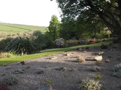 a garden with rocks and plants on the ground at At Cedar Lodge in Ramsey