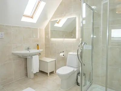 a bathroom with a toilet and a sink and a shower at Corsewall Castle Farm Lodges in Kirkcolm