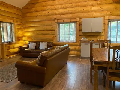 a living room with a couch and a table at Ewes Water Log Cabins in Langholm