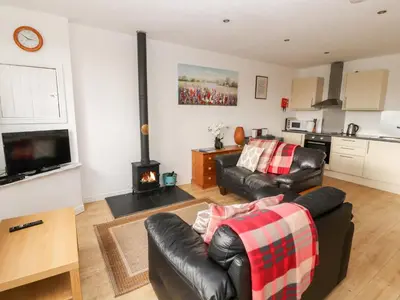 a living room with two leather couches and a fireplace at Woodpecker in Ivegill