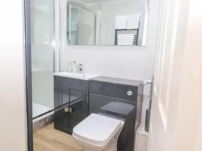 a bathroom with a toilet and a sink and a mirror at Maple Cottage in Keswick