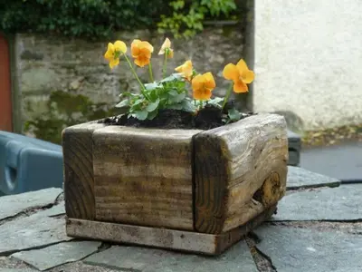a wooden planter with yellow flowers in it at Nightingale Cottage in Threlkeld
