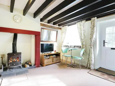 a living room with a fireplace and a stove at Nightingale Cottage in Threlkeld