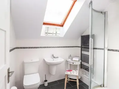 a bathroom with a toilet sink and a skylight at Sky View in Keswick