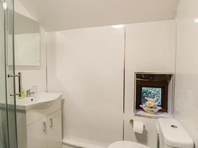 a white bathroom with a toilet and a sink at The Old Barn in Nether Wasdale