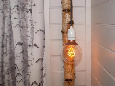 a light bulb hanging from a tree next to a curtain at Reflection in Canonbie