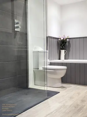 a bathroom with a toilet and a glass shower at Woolpack Inn in Eskdale