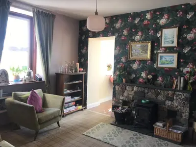 a living room with a fireplace and a chair at Netherdene Country House Bed & Breakfast in Troutbeck