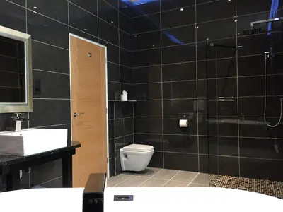 a bathroom with a toilet and a sink and a shower at Halvard Hotel in Douglas
