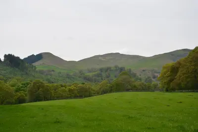 a green field with mountains in the background at Scaurbridge House in Thornhill