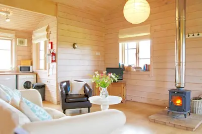 a living room with a couch and a wood stove at Lapwing, Skylark & Curlew Seaside Chalets in Kirkbean