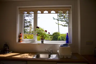 a window in a kitchen with a sink and a counter at West Lodge in Kirkbean