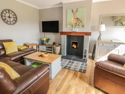 a living room with a couch and a fireplace at Longforth Farm Cottage in Gillespie
