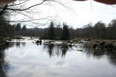 a river with snow on the water and trees at The Cross Keys Hotel in New Galloway