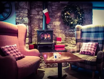 a living room with two chairs and a fireplace at The Birchtree Hotel in Dalbeattie
