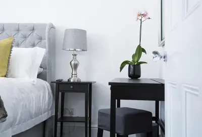 a bedroom with a bed and a table with a plant on it at The Annex in Carlisle
